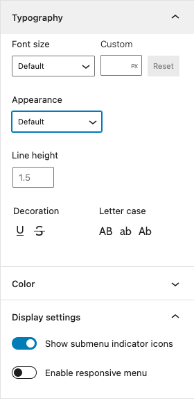 Propriétés du menu de navigation