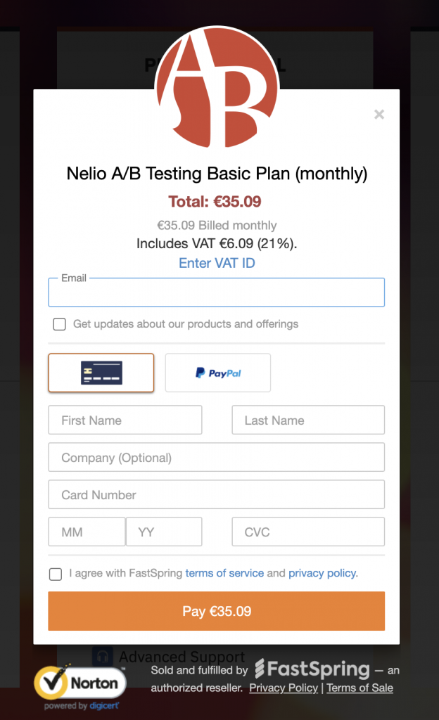 Capture d'écran du processus de paiement Nelio A/B Testing