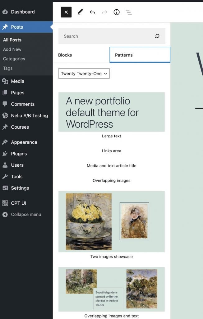 在 WordPress 编辑器中插入块模式
