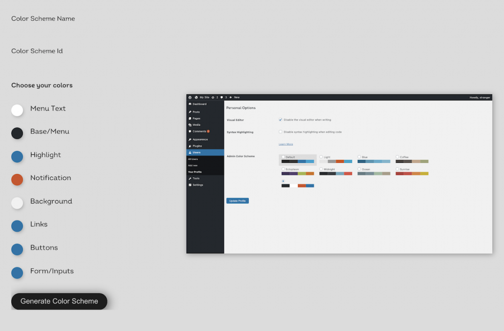 Personnalisation de la génération d'un nouveau jeu de couleurs de thème d'administration WordPress