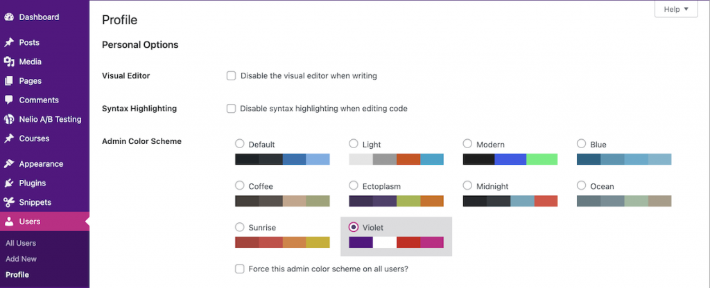 Nouveau jeu de couleurs créé dans WordPress