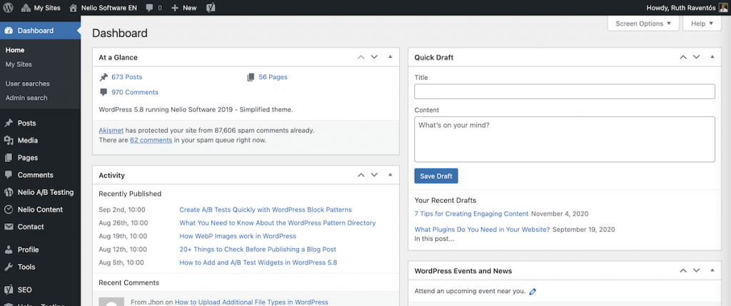 Tableau de bord WordPress