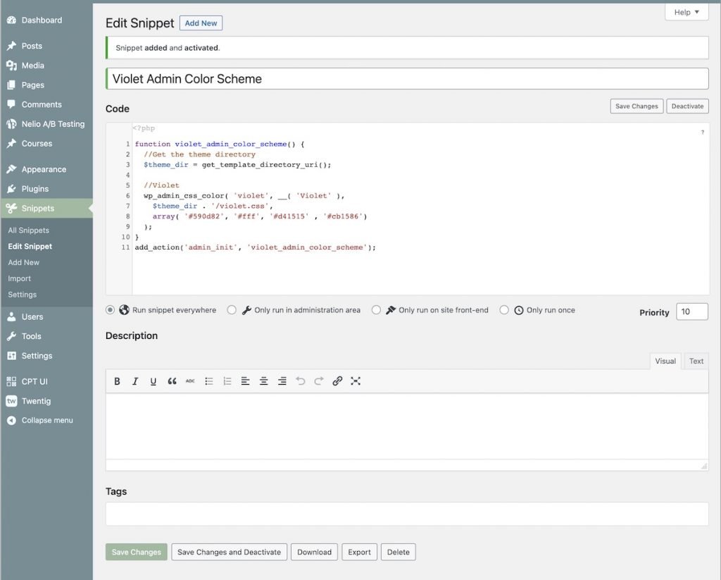 Ajouter un morceau de code avec le plugin Code Snippets
