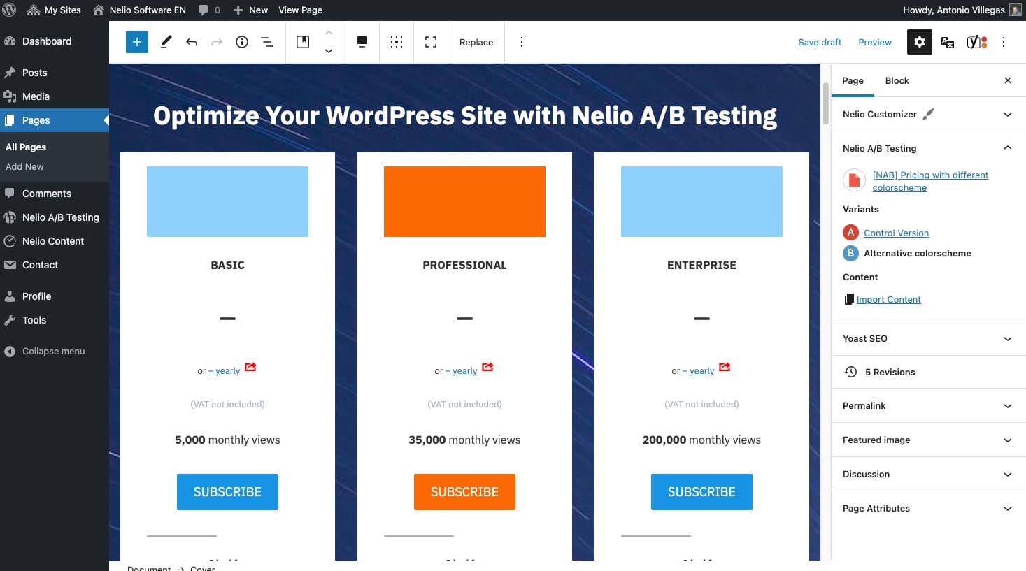 使用 WordPress 页面编辑器编辑要测试的替代版本的颜色。
