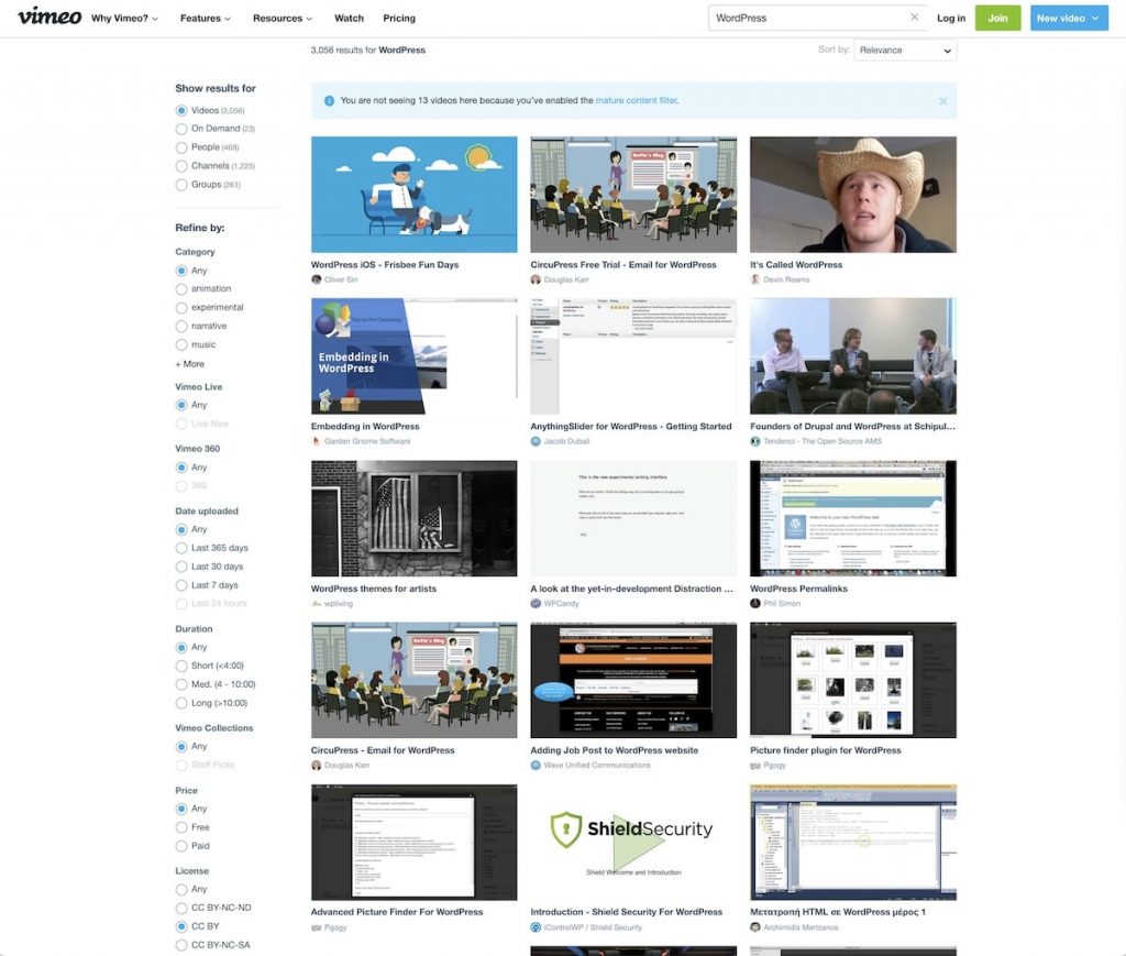 Ricerca video su Vimeo con licenza CC