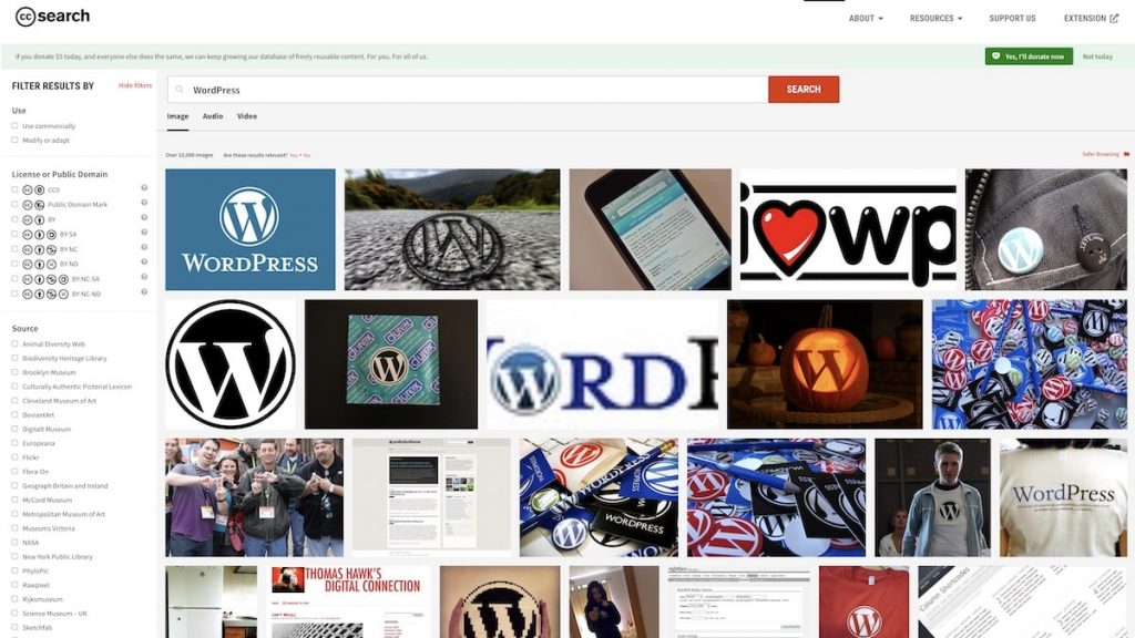 Screenshot del sito Web di CC Search