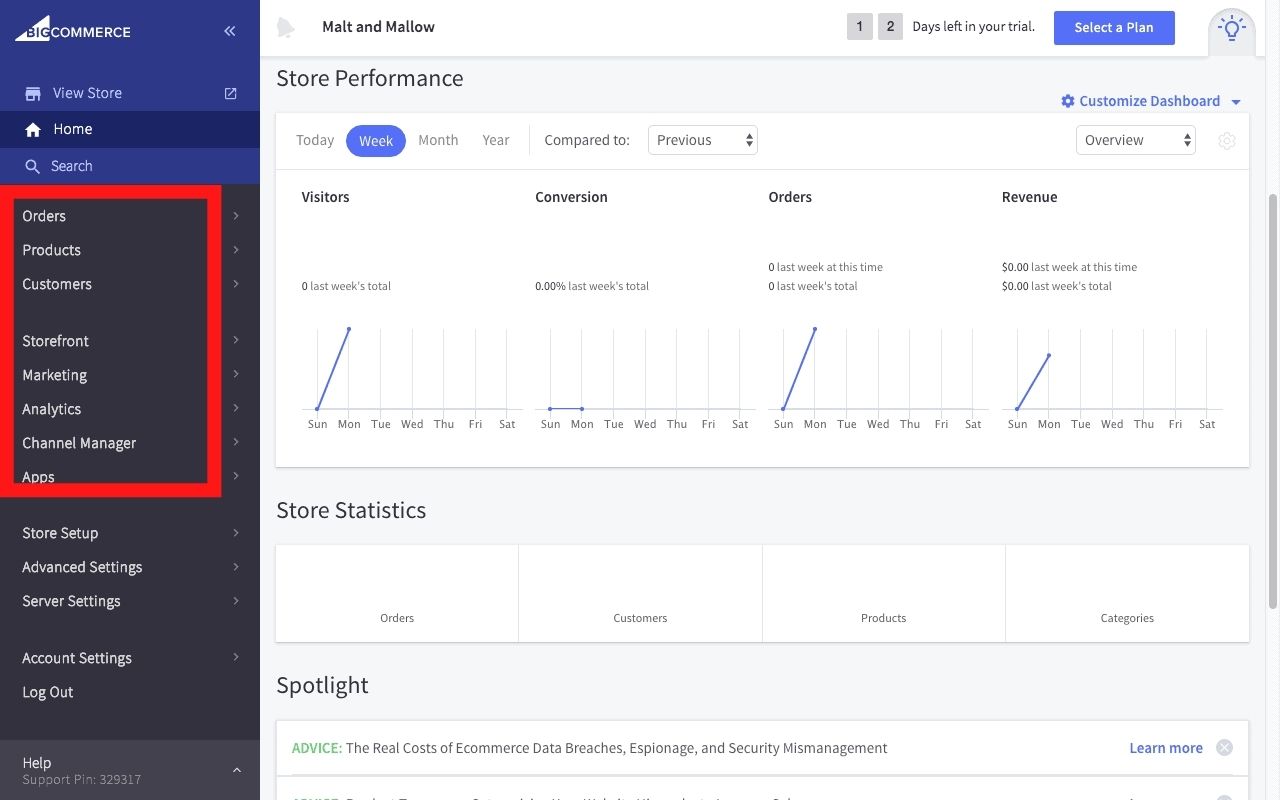 Fitur dasbor BigCommerce