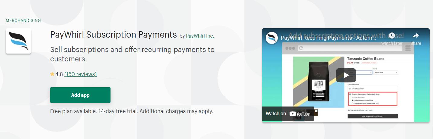 Shopify용 PayWhirl 구독 결제 앱