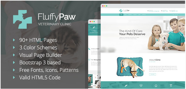 FluffyPaw - قالب HTML للعناية بالحيوانات الأليفة والطب البيطري باستخدام Visual Page Builder