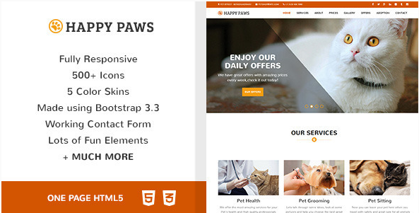 Happy Paws - الحيوانات الأليفة المستجيبة صفحة واحدة HTML