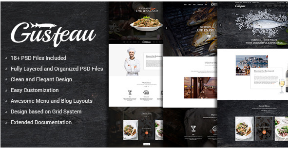 Gusteau — Элегантная еда и ресторан PSD Шаблон
