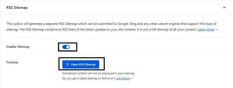 RSS sitemap settings