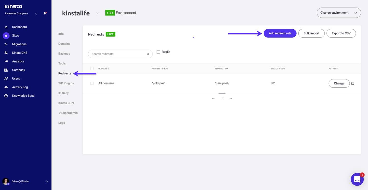Kinsta 대시보드에서 리디렉션을 설정하는 방법