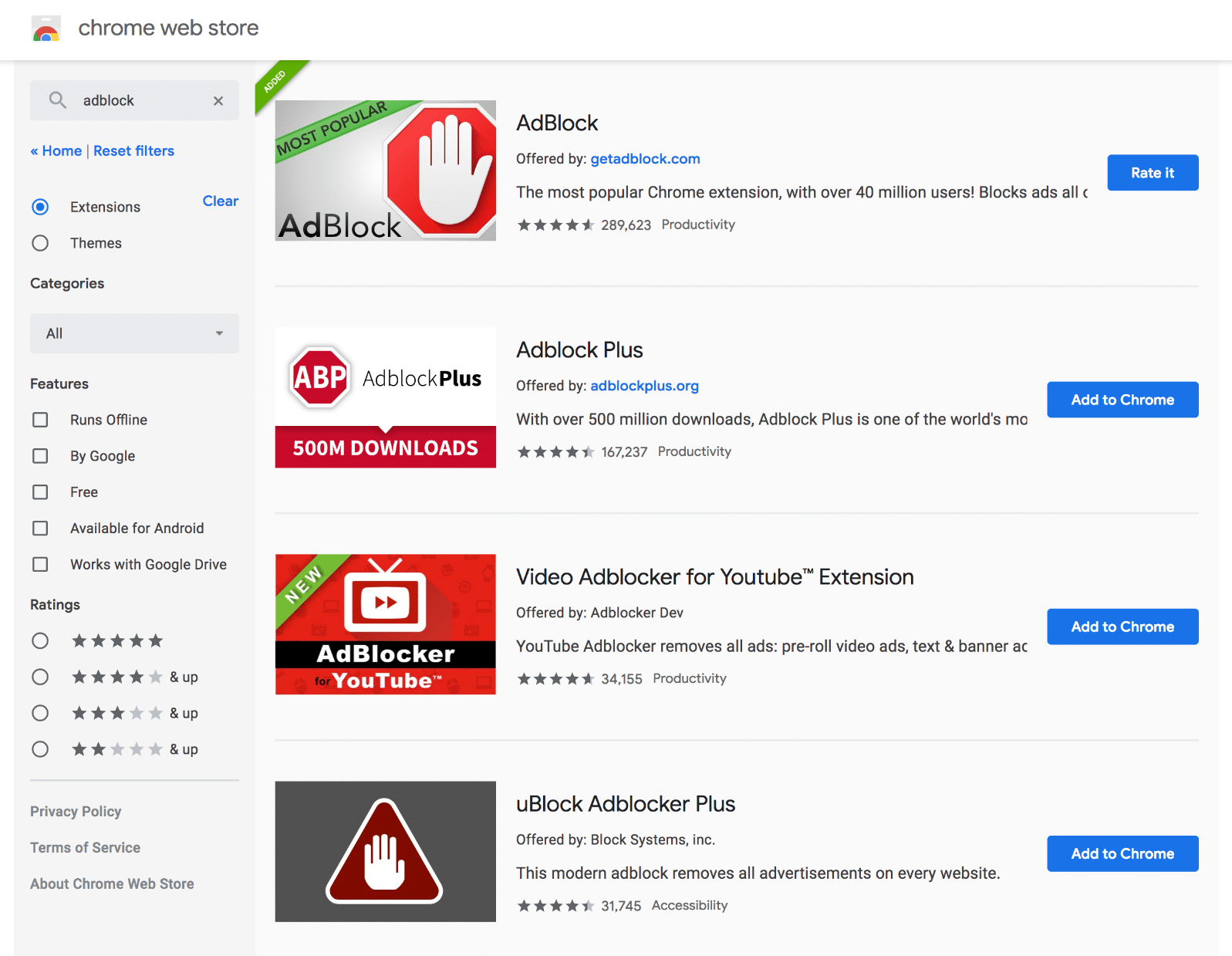 ส่วนขยายบล็อคโฆษณาของ Chrome Store