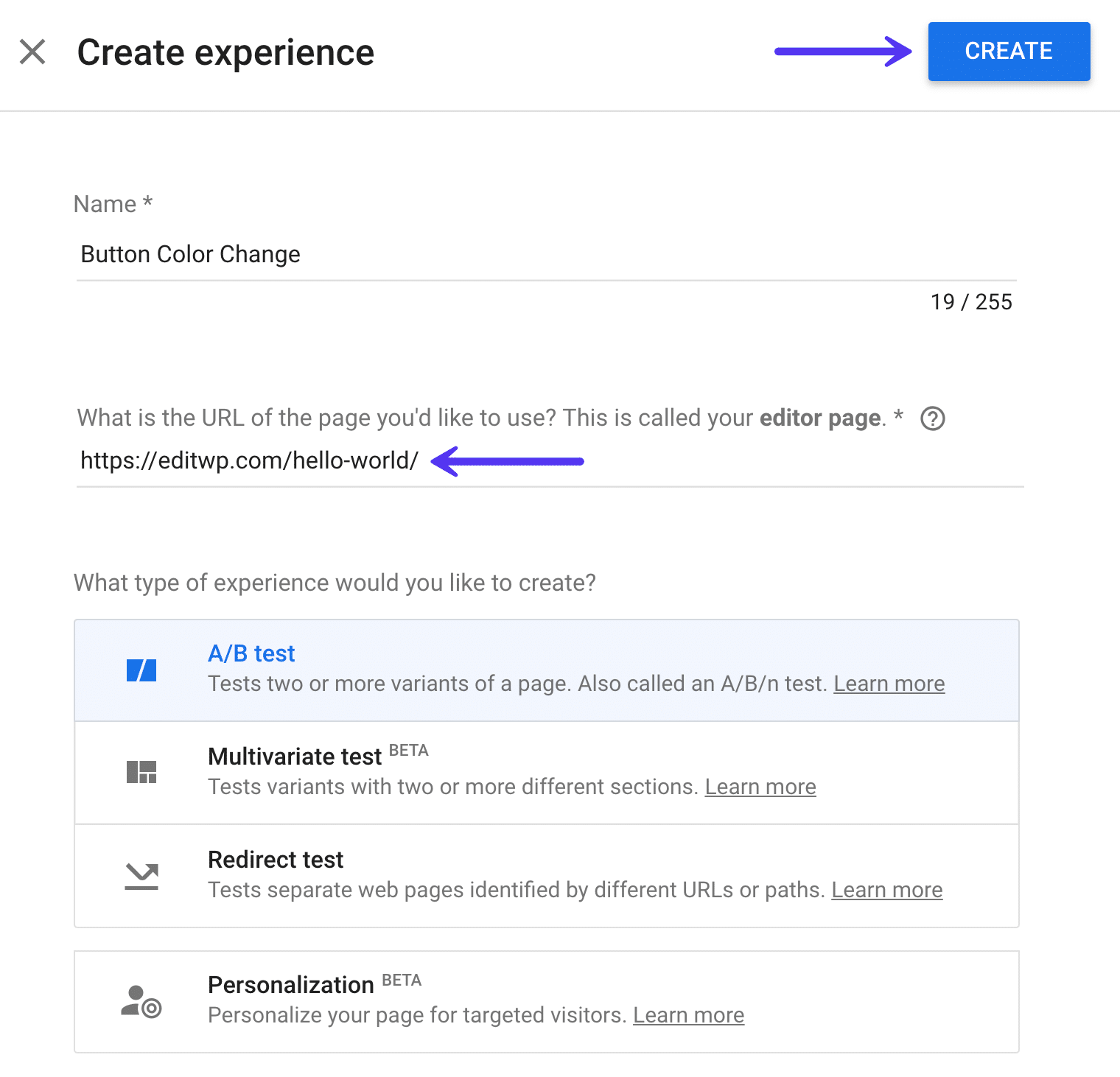 Google Optimize membuat pengujian A/B