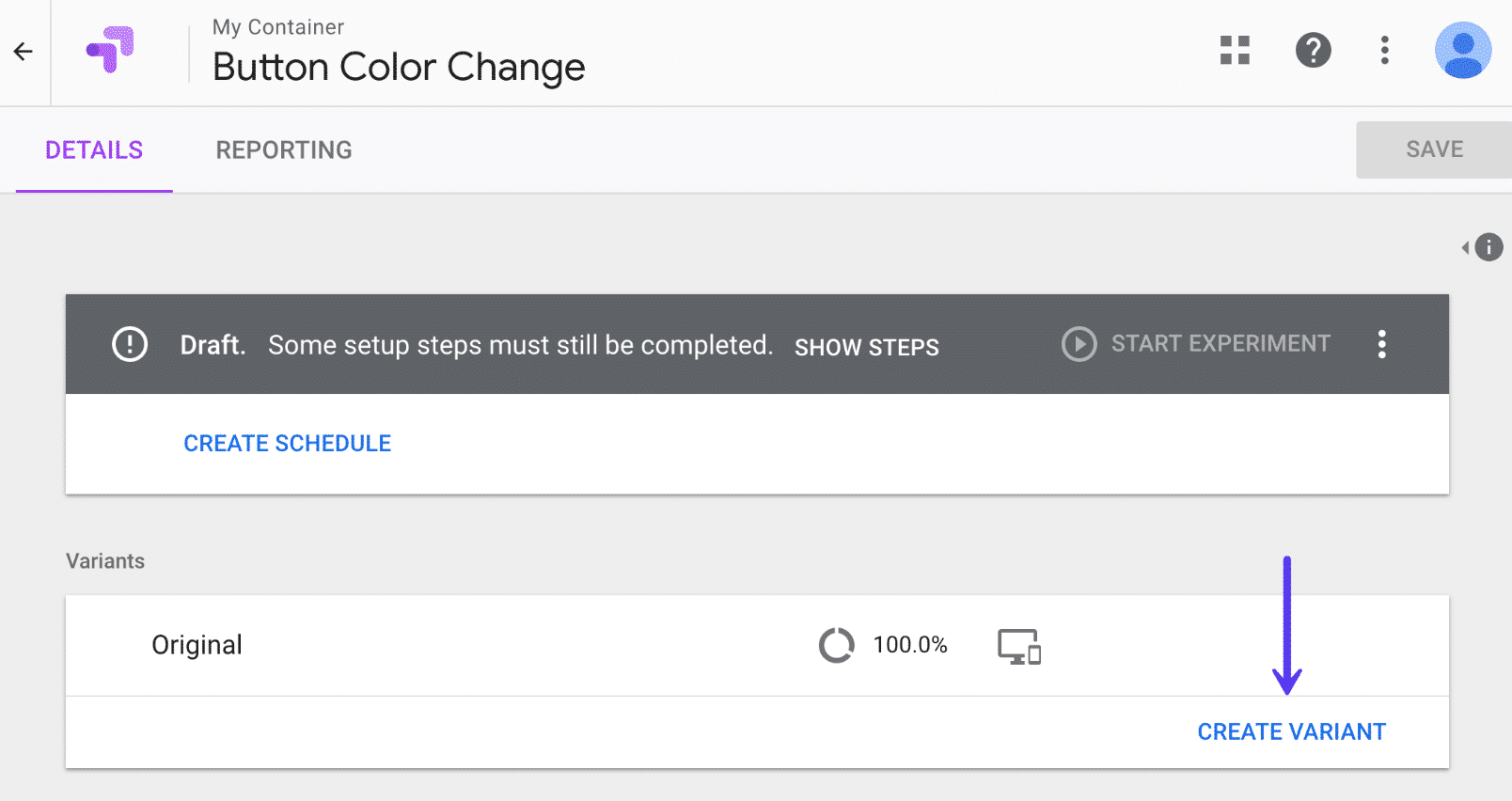 Google Optimize membuat varian