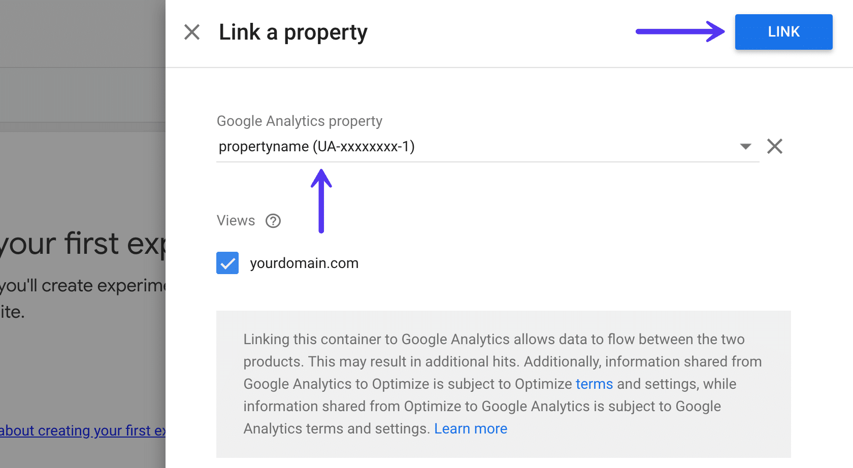 Tautkan properti di Google Optimize
