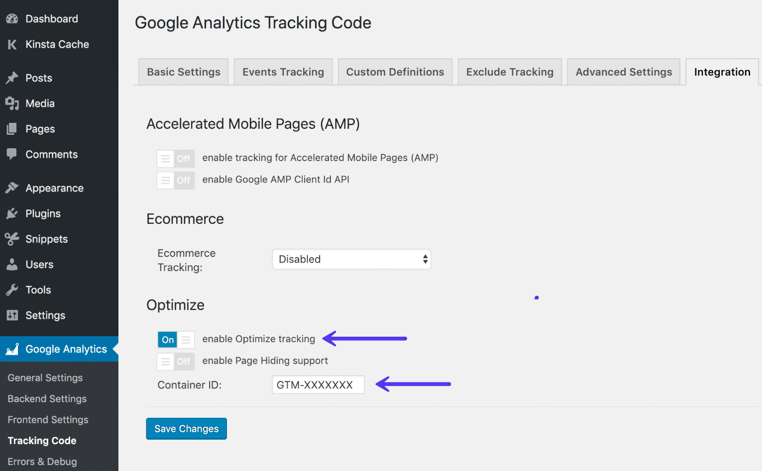 Aktifkan Google Optimize di plugin Analytics