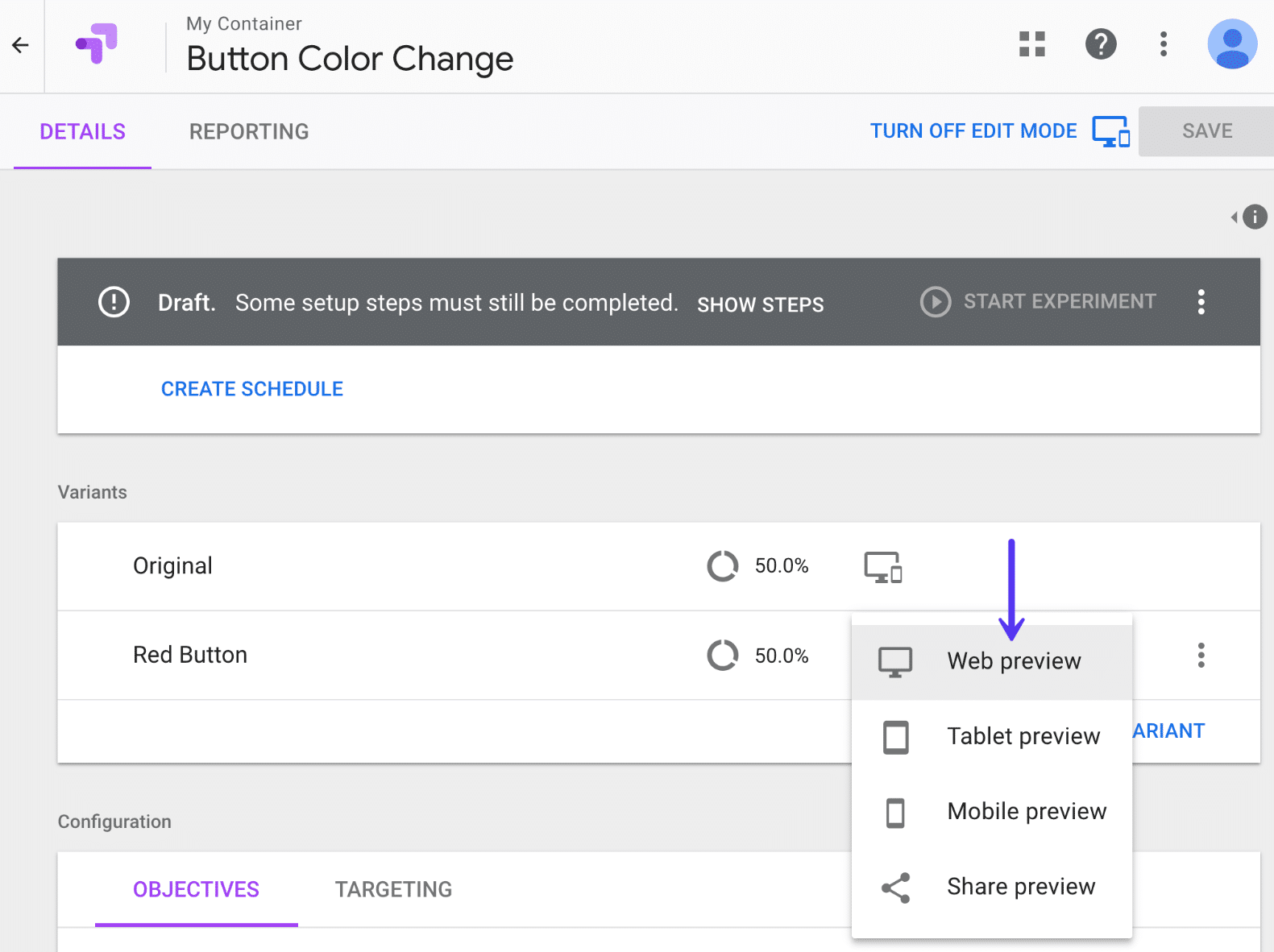 Pratinjau web Google Optimize