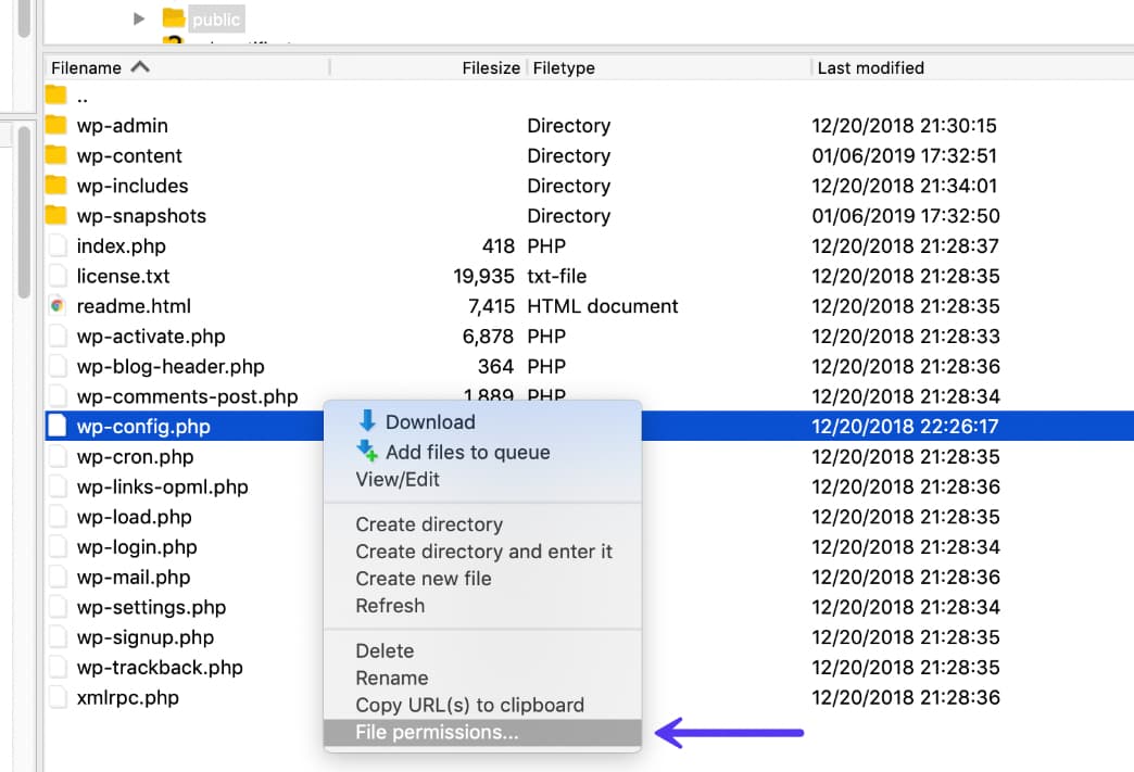 FileZillaでファイルのアクセス許可を表示する