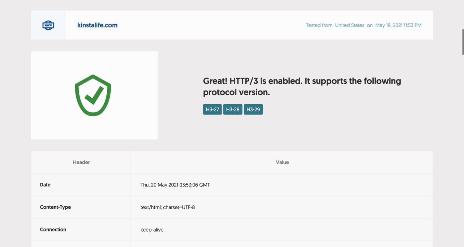 Kinsta는 HTTP/3 연결을 지원합니다.