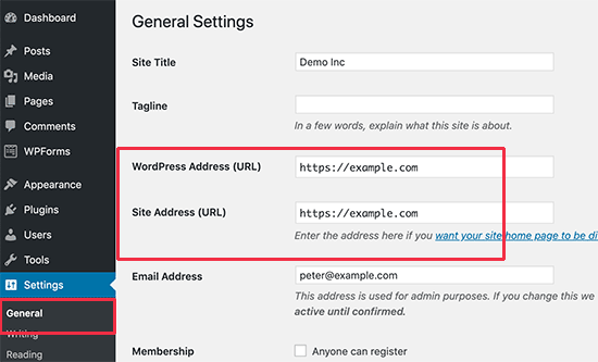 Dirección de WordPress y dirección del sitio