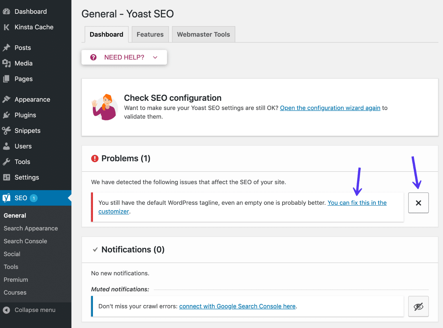 Yoast SEO 대시보드 알림