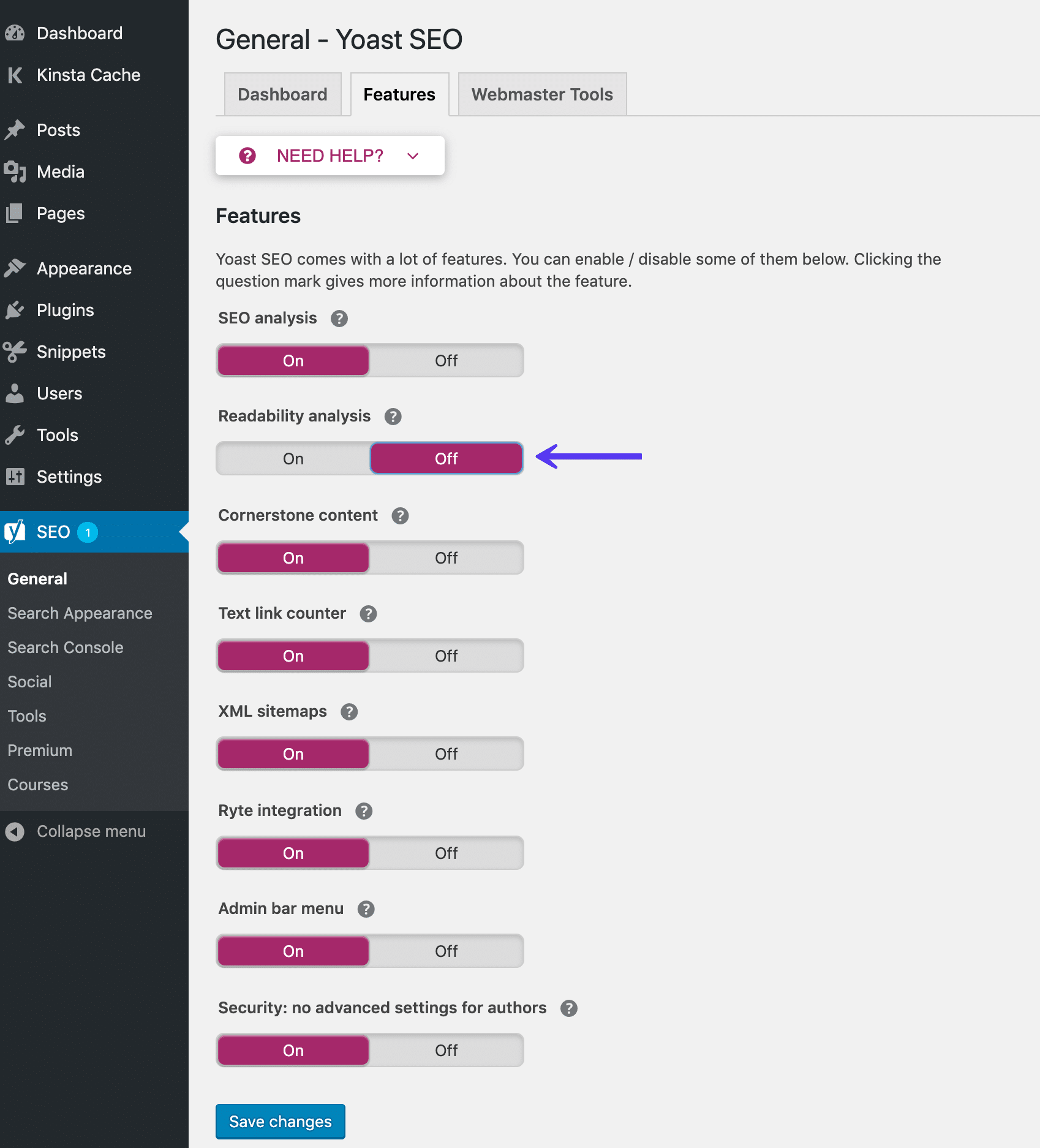 Yoast SEO 기능 탭