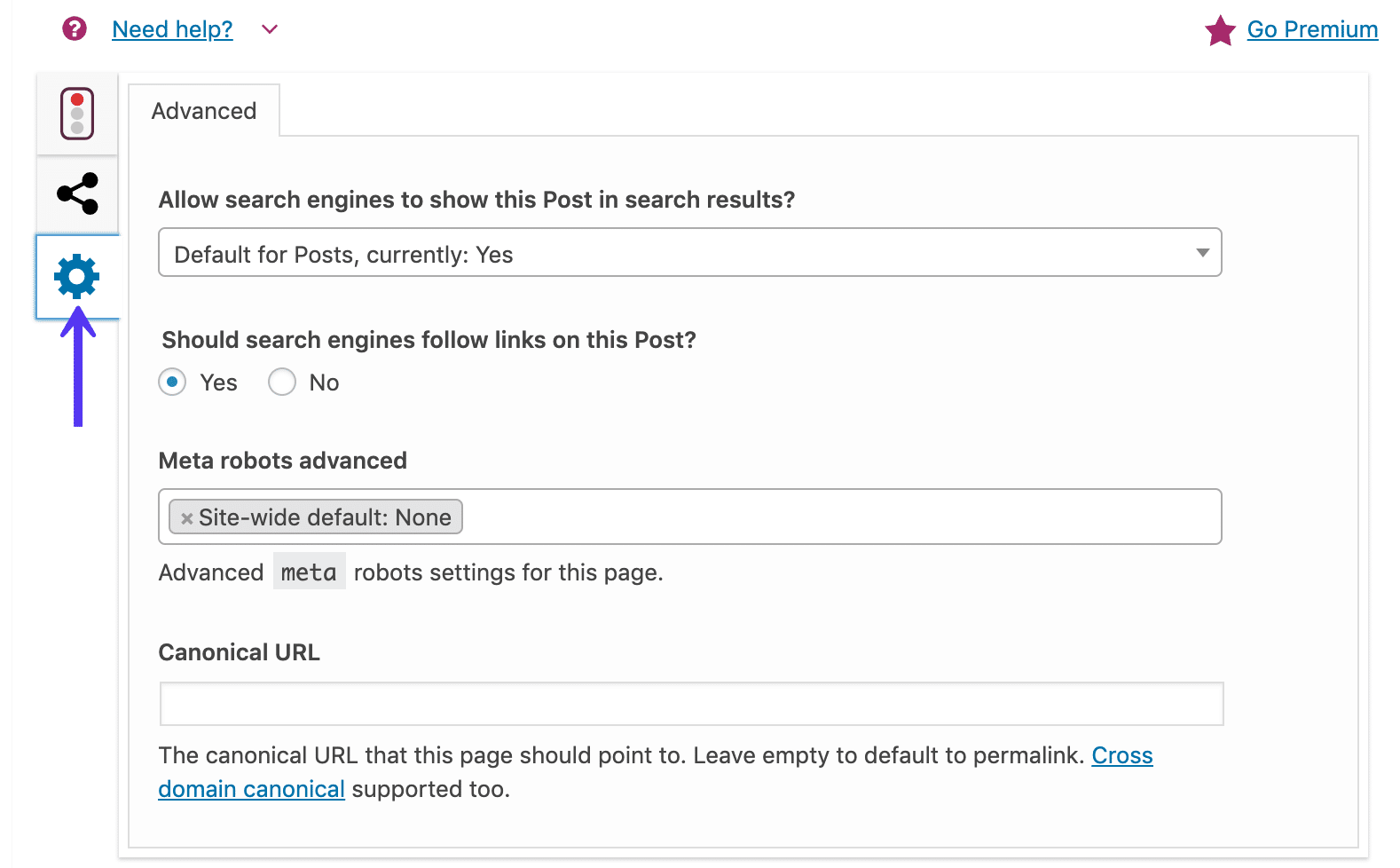 Yoast SEO 고급 탭