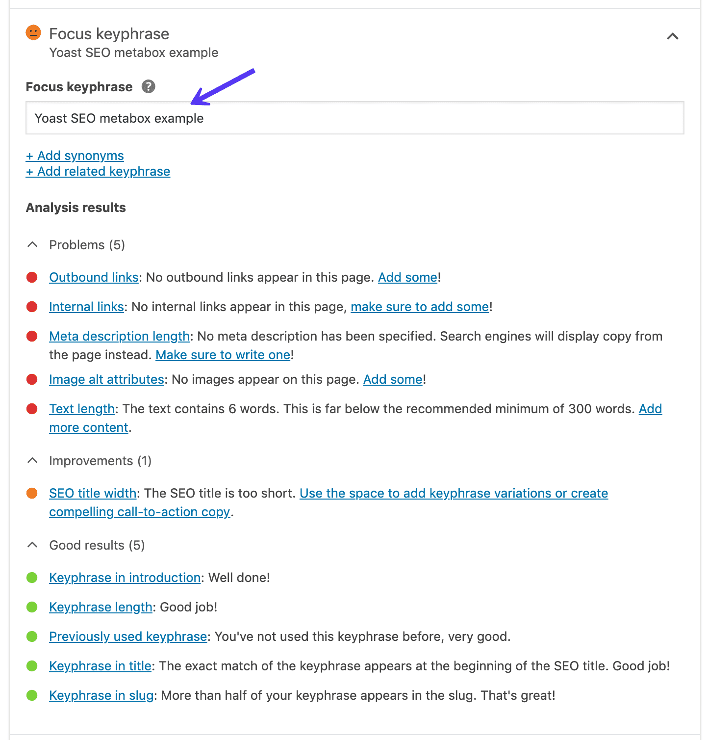Yoast SEO 포커스 핵심 문구