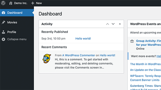 Custom user role dashboard