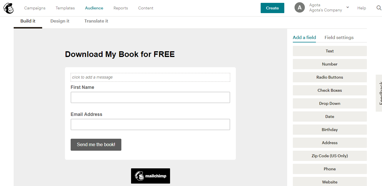 Contoh formulir Mailchimp