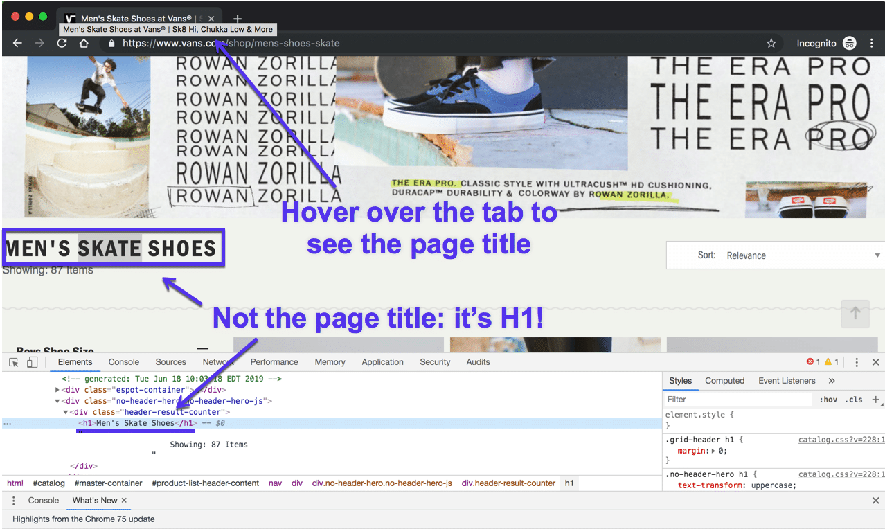 Título de página vs H1 en Chrome