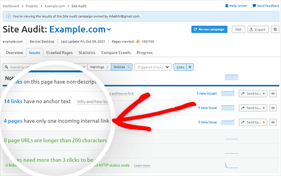 Semrush internal link audit