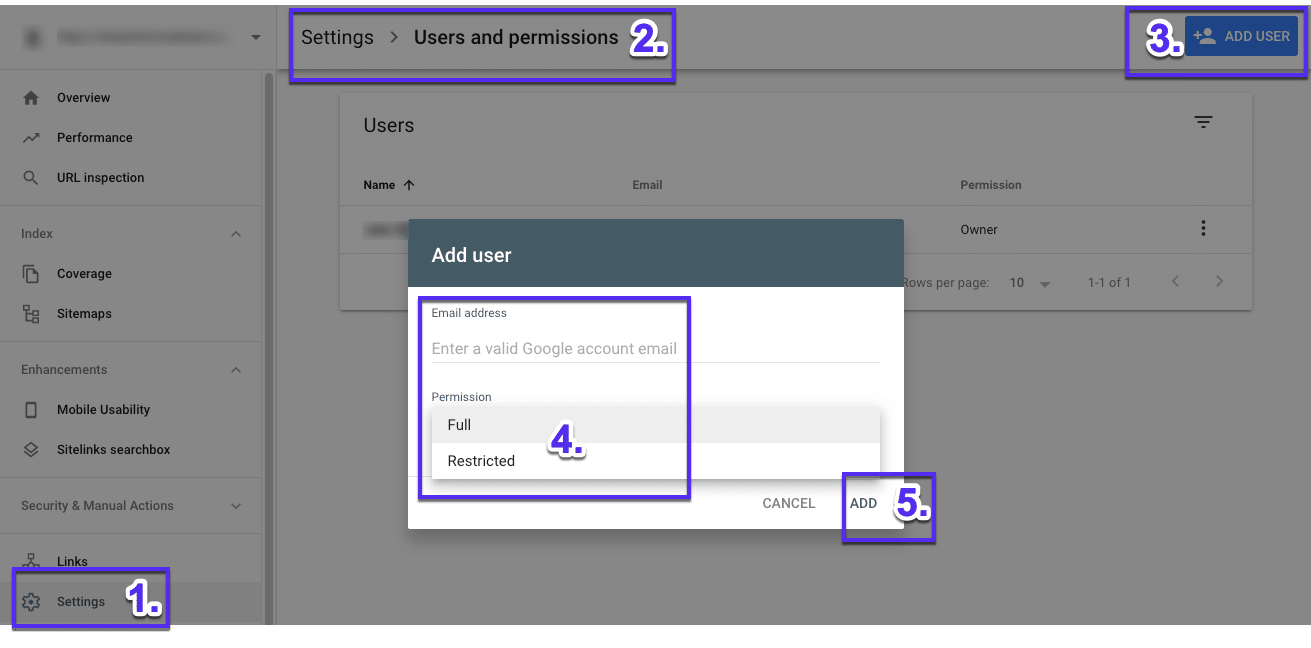 Tambah/Hapus pengguna di Google Search Console