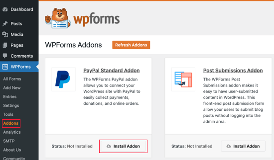 Scrollen Sie nach unten zum PayPal-Standard-Add-on und klicken Sie auf die Schaltfläche „Add-on installieren“.
