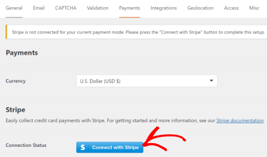 Klicken Sie auf die Schaltfläche Mit Stripe verbinden