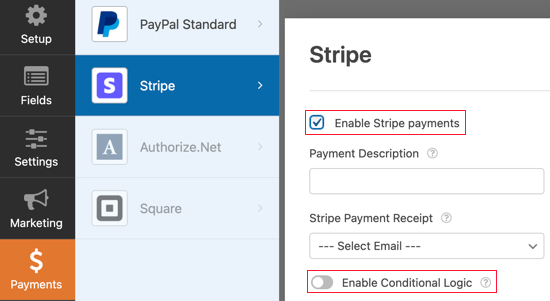Aktivieren Sie das Kontrollkästchen „Stripe-Zahlungen aktivieren“.