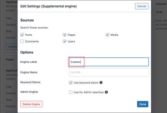 Libellé du moteur SearchWP