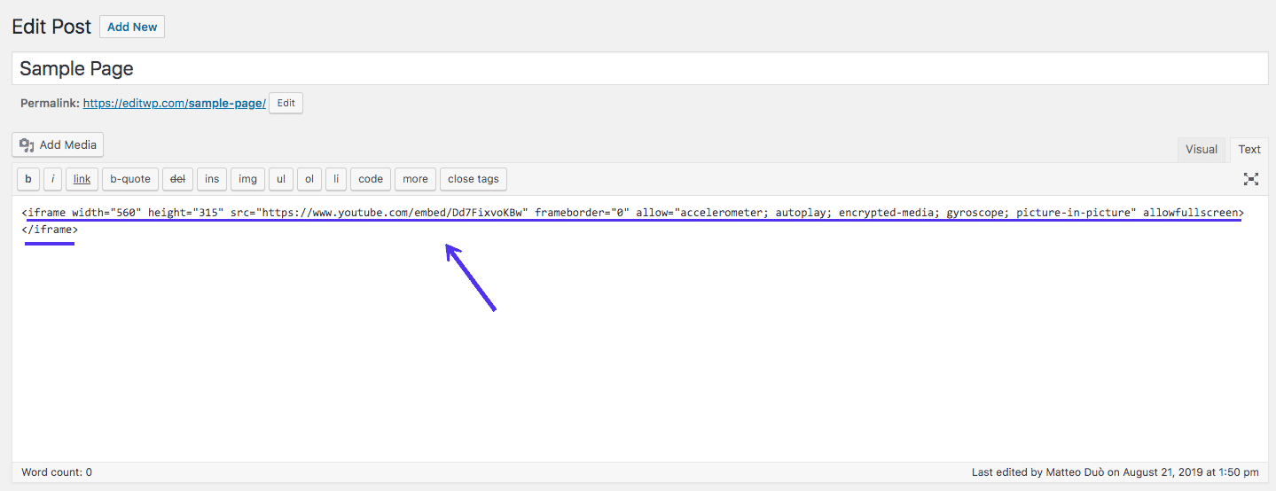 經典編輯器中的 WordPress iframe