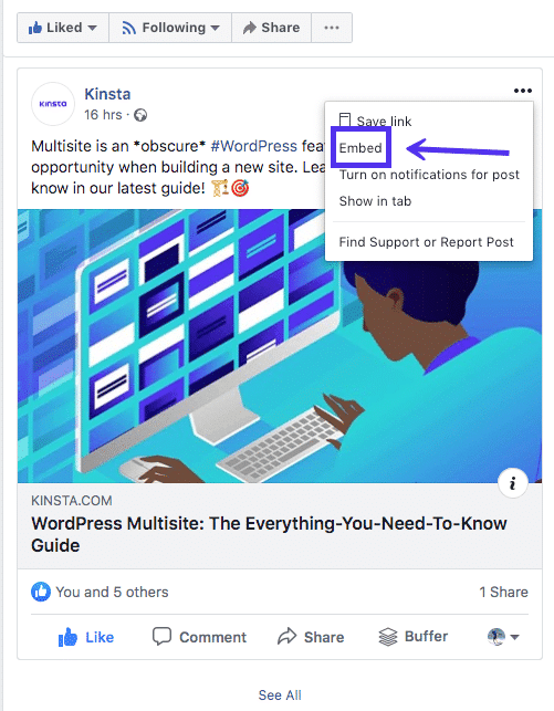 選擇 Facebook 的嵌入功能