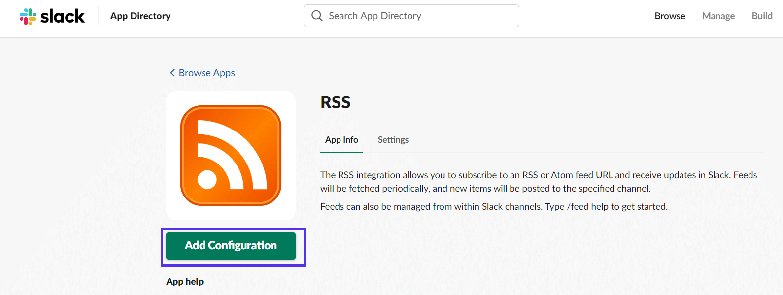 Slack 中的 RSS 配置