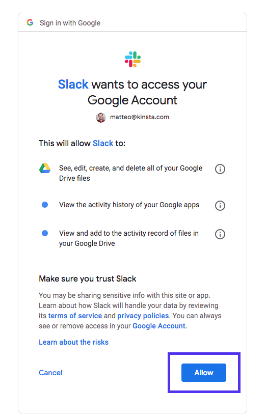 Slack 谷歌文档和驱动器身份验证
