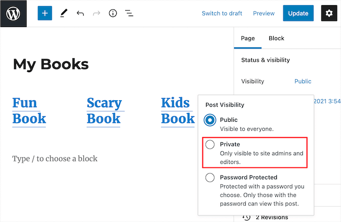 Rendre la page privée Make page private