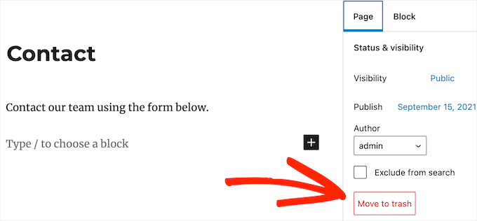 Déplacer la page vers la corbeille Move page to trash