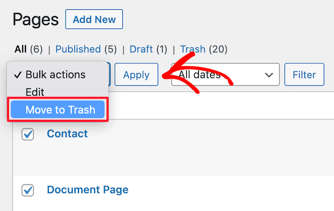 Déplacer plusieurs pages vers la corbeille Move multiple pages to trash
