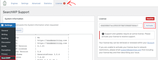 Masukkan kunci lisensi SearchWP