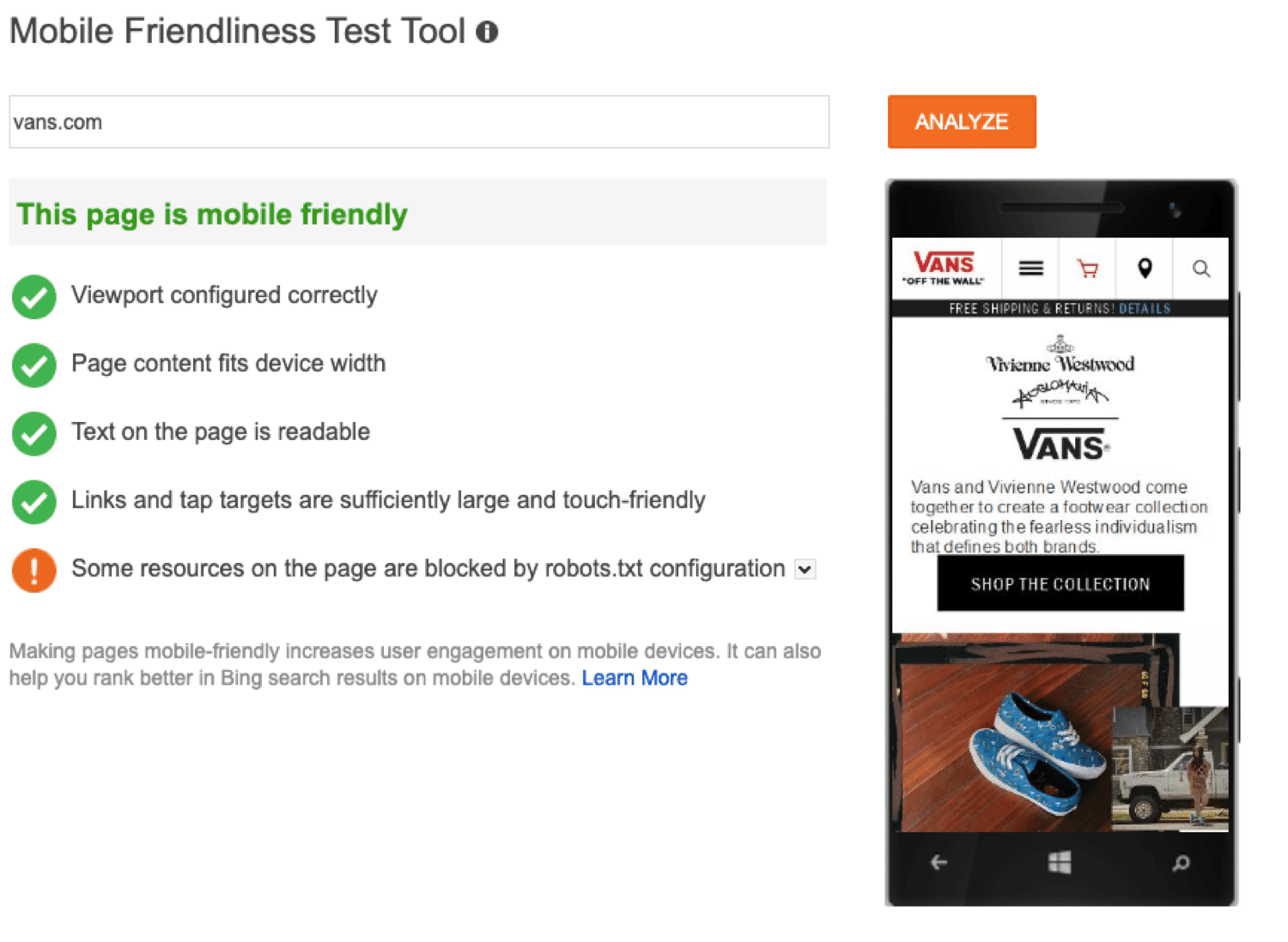 Instrumentul de testare a compatibilității mobile de la Bing