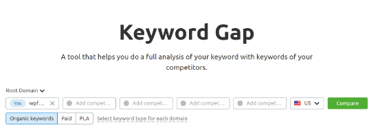 Strumento di gap di parole chiave in Semrush Keyword gap tool in Semrush