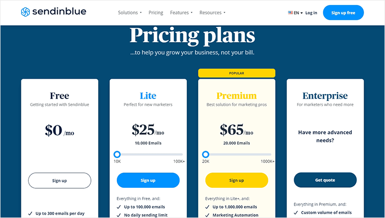 แผนการกำหนดราคา SendinBlue - IsItWP - ฟรี WordPress Theme Detector SendinBlue pricing plans